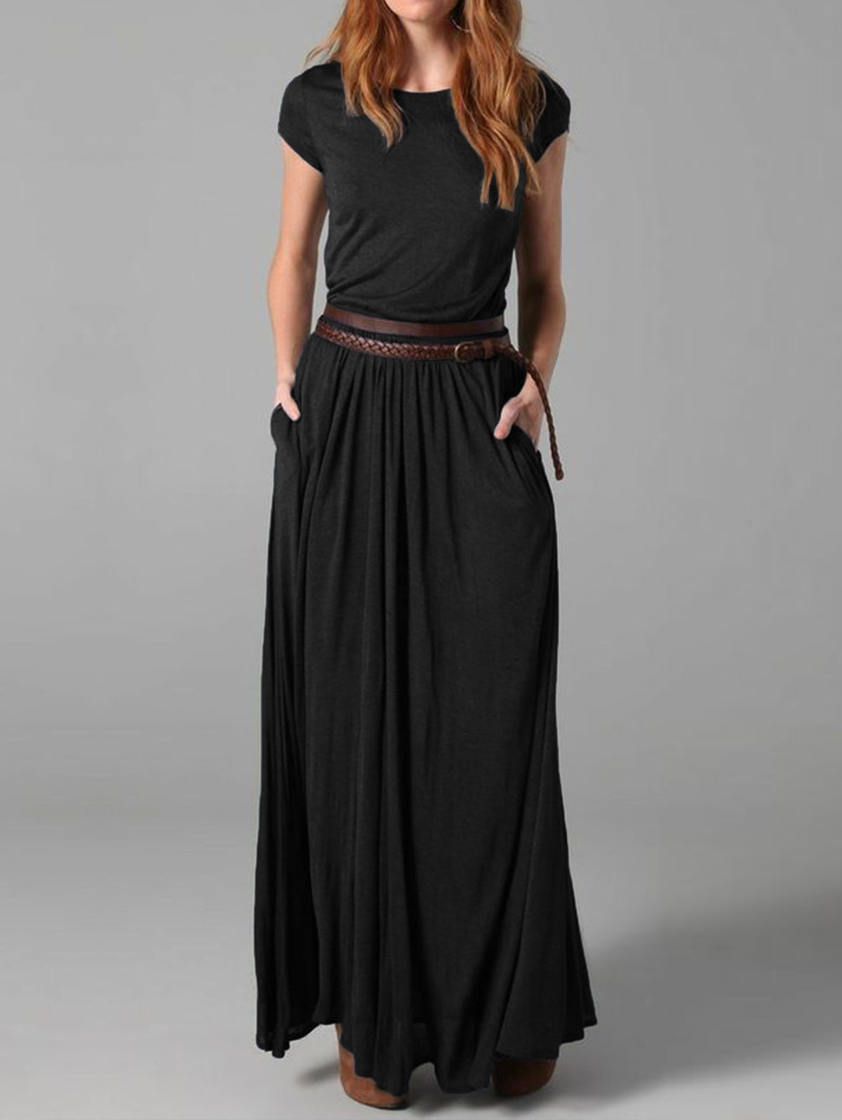 Women's Elegant Solid Color Crew Neck Maxi Dress With Pockets