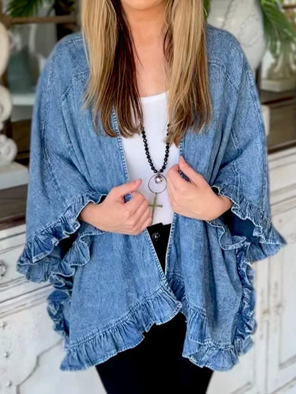 Fashion Plain Ruffle Trim 3/4 Sleeve Loose Denim Cardigan