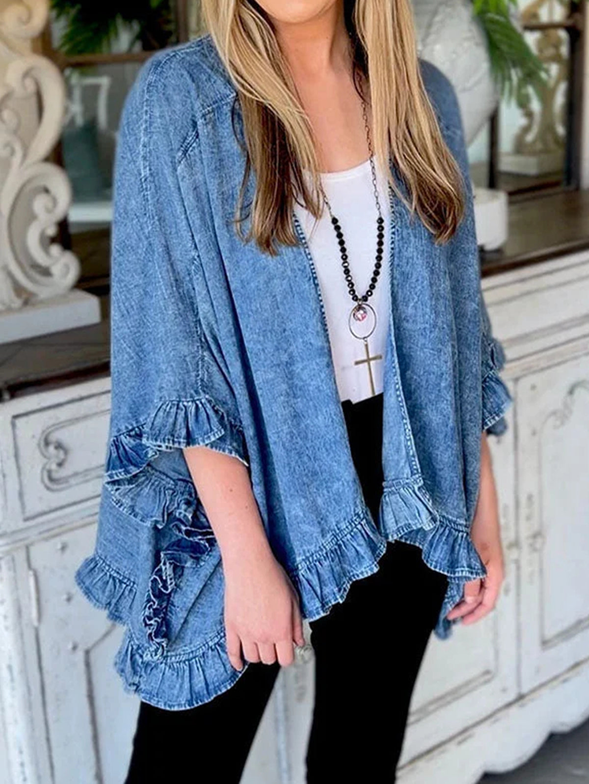 Fashion Plain Ruffle Trim 3/4 Sleeve Loose Denim Cardigan