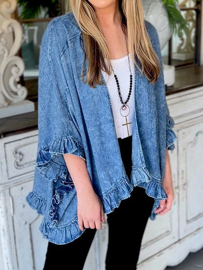 Fashion Plain Ruffle Trim 3/4 Sleeve Loose Denim Cardigan