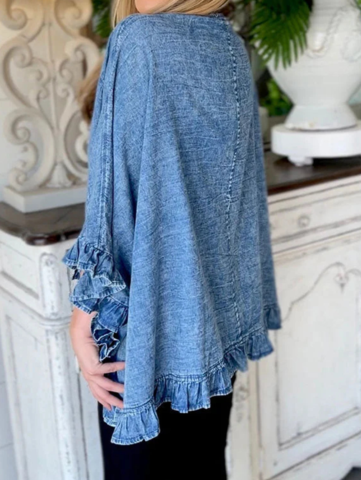 Fashion Plain Ruffle Trim 3/4 Sleeve Loose Denim Cardigan