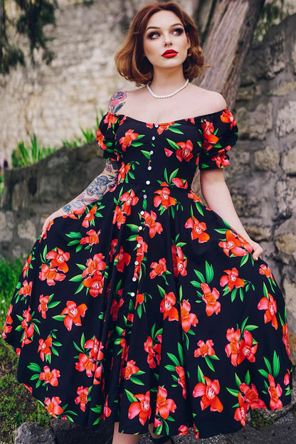 Women's 1950s Black arty Floral rint ff The Shoulder Single-breasted Fitted Waist Swing Bell Midi Dress