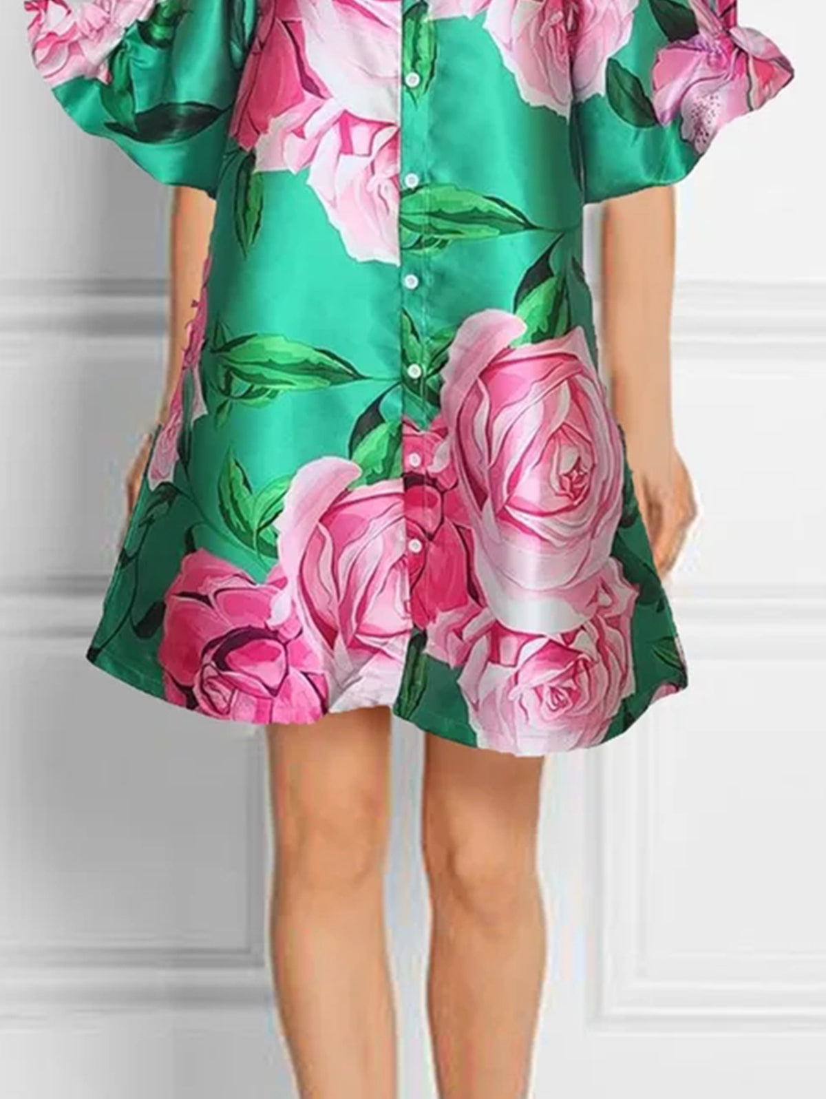 Women's Elegant Floral Stand Collar Short Sleeve Loose Mini Dress