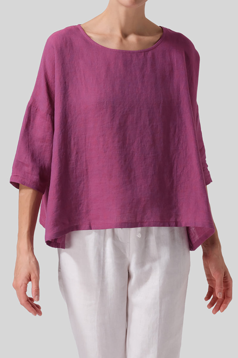 Women's Round Neck Three Quarter Sleeve Back Button urple Casual Linen Top