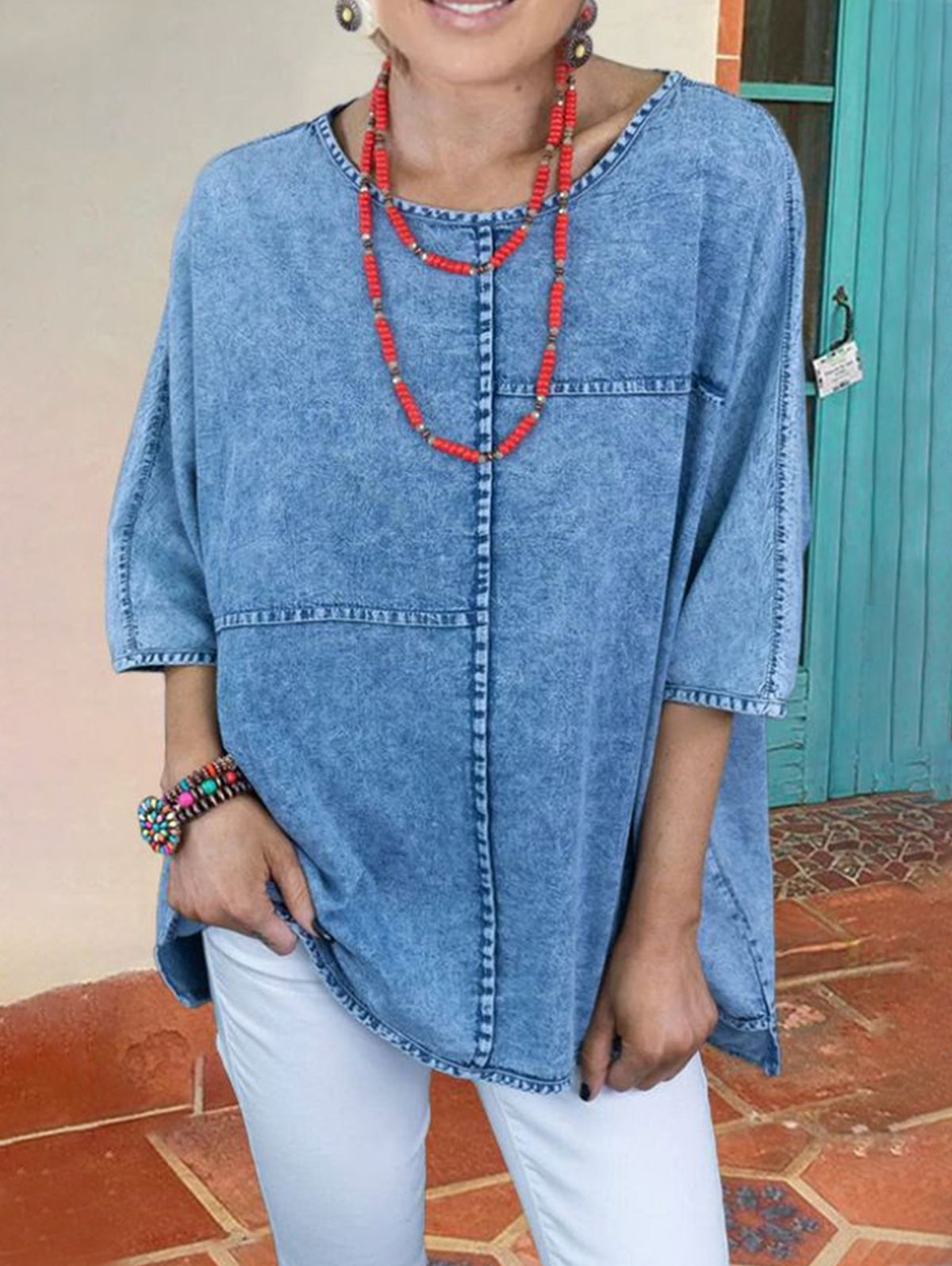 Women's Casual Plain Half Sleeve Spliced Denim Loose Shirt