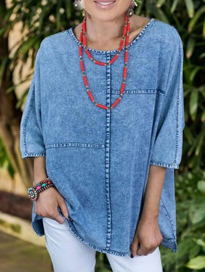 Women's Casual Plain Half Sleeve Spliced Denim Loose Shirt