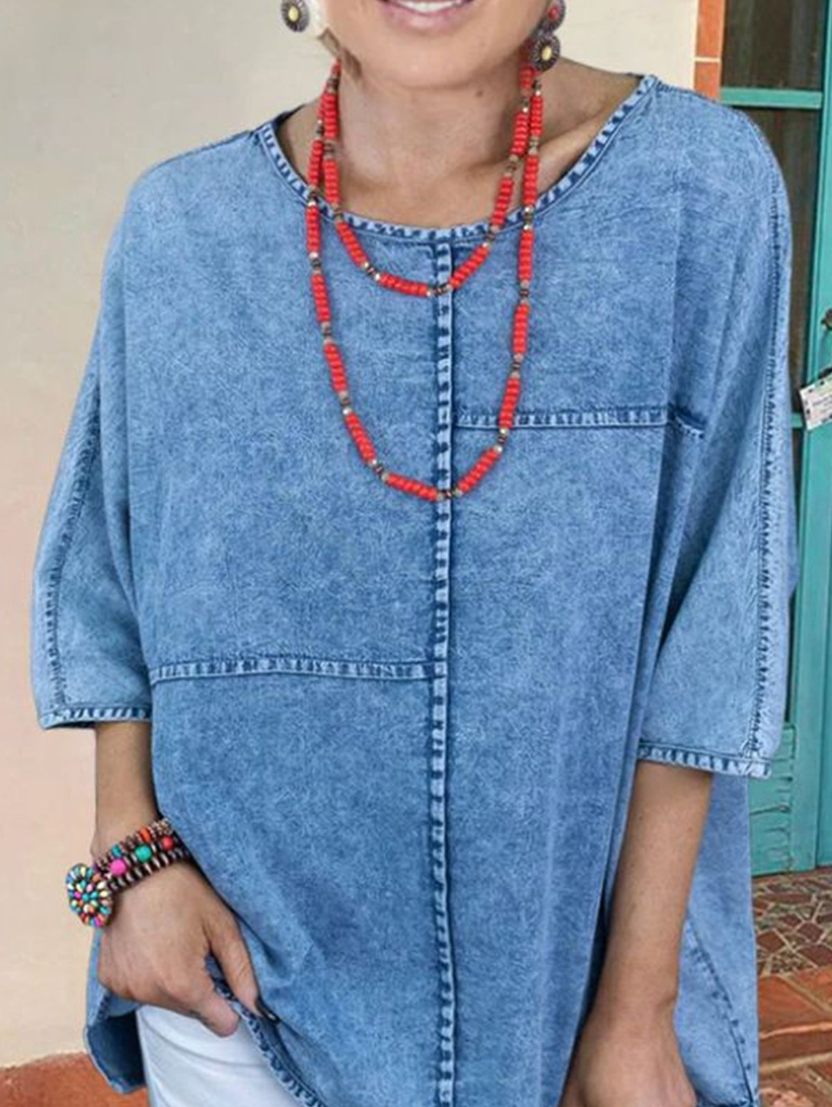 Women's Casual Plain Half Sleeve Spliced Denim Loose Shirt