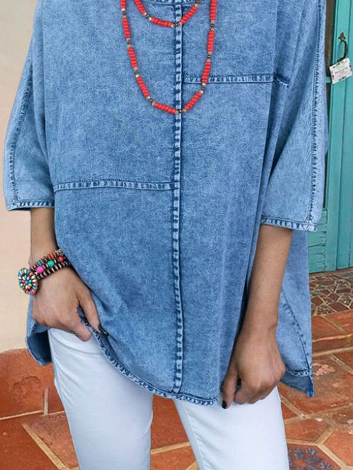 Women's Casual Plain Half Sleeve Spliced Denim Loose Shirt