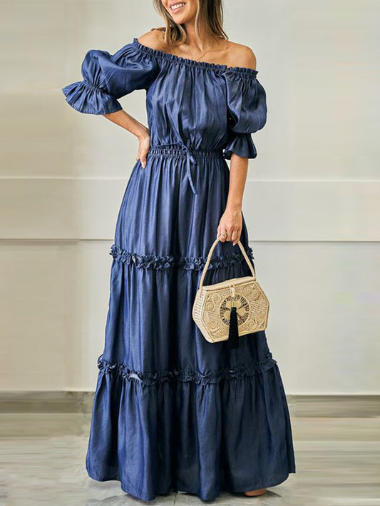 Women's Casual Plain Off Shoulder Half Sleeve Frill Trim Maxi Dress