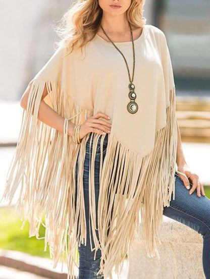 Women's Daily Crew Neck Fringed Solid Loose Blouse