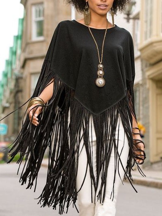 Women's Daily Crew Neck Fringed Solid Loose Blouse