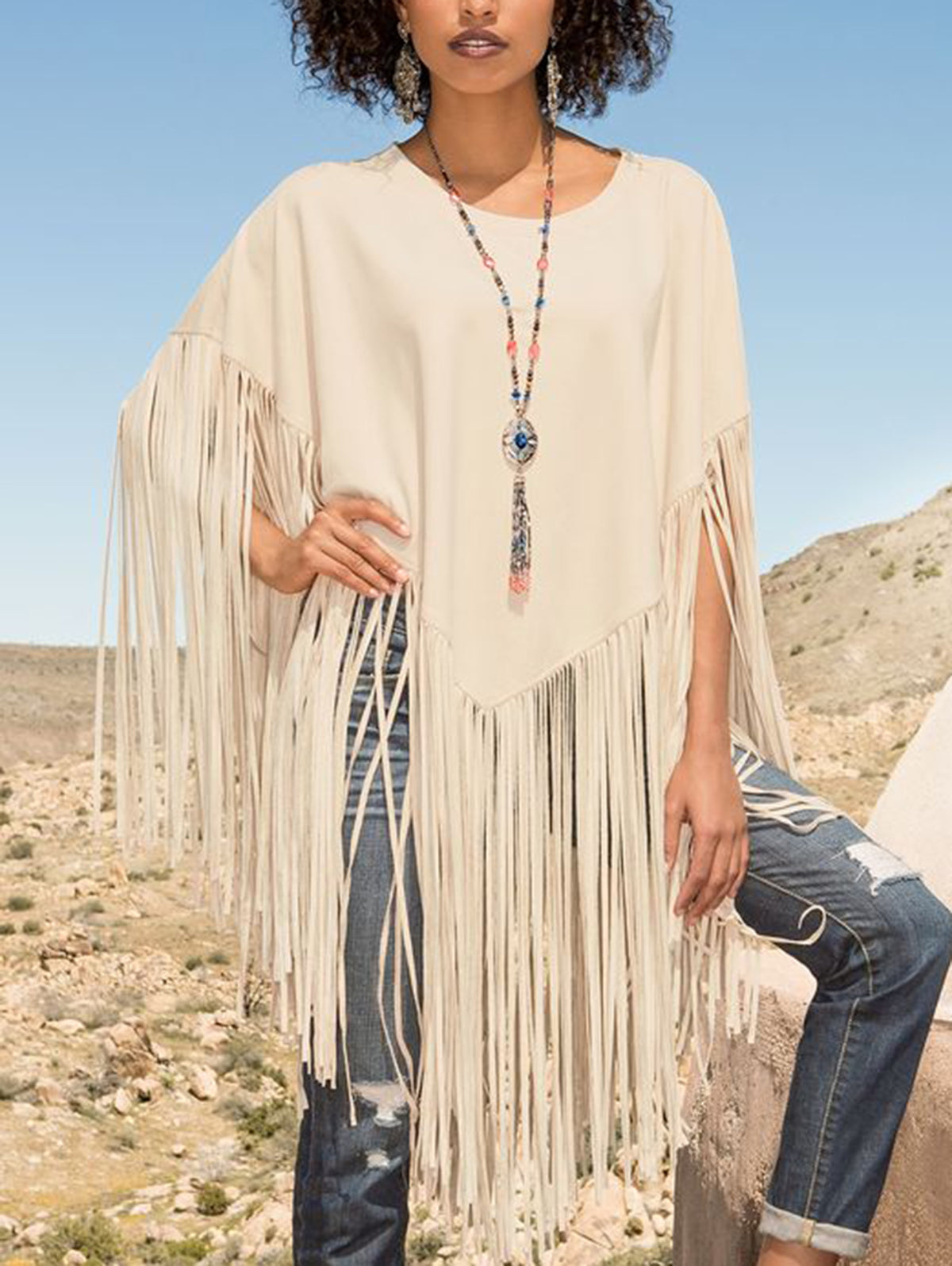 Women's Daily Crew Neck Fringed Solid Loose Blouse