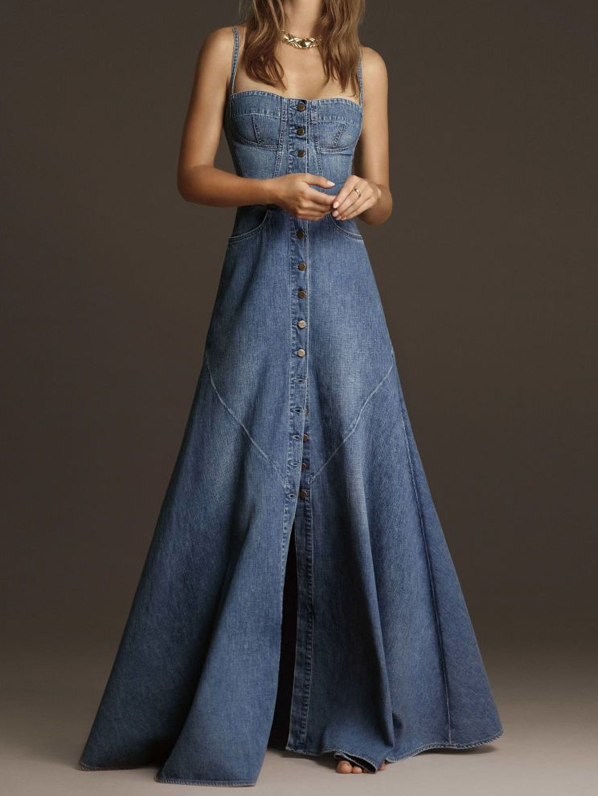 Women's Vintage Plain Square Neck Button Denim Maxi Cami Dress