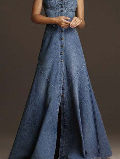 Women's Vintage Plain Square Neck Button Denim Maxi Cami Dress