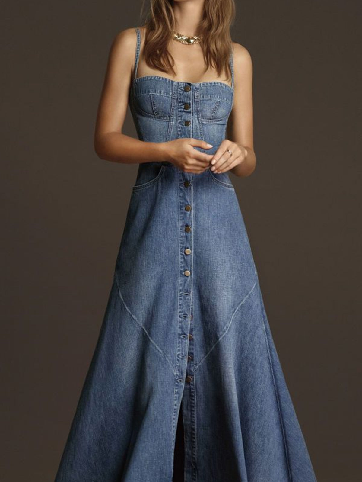 Women's Vintage Plain Square Neck Button Denim Maxi Cami Dress