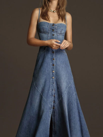 Women's Vintage Plain Square Neck Button Denim Maxi Cami Dress