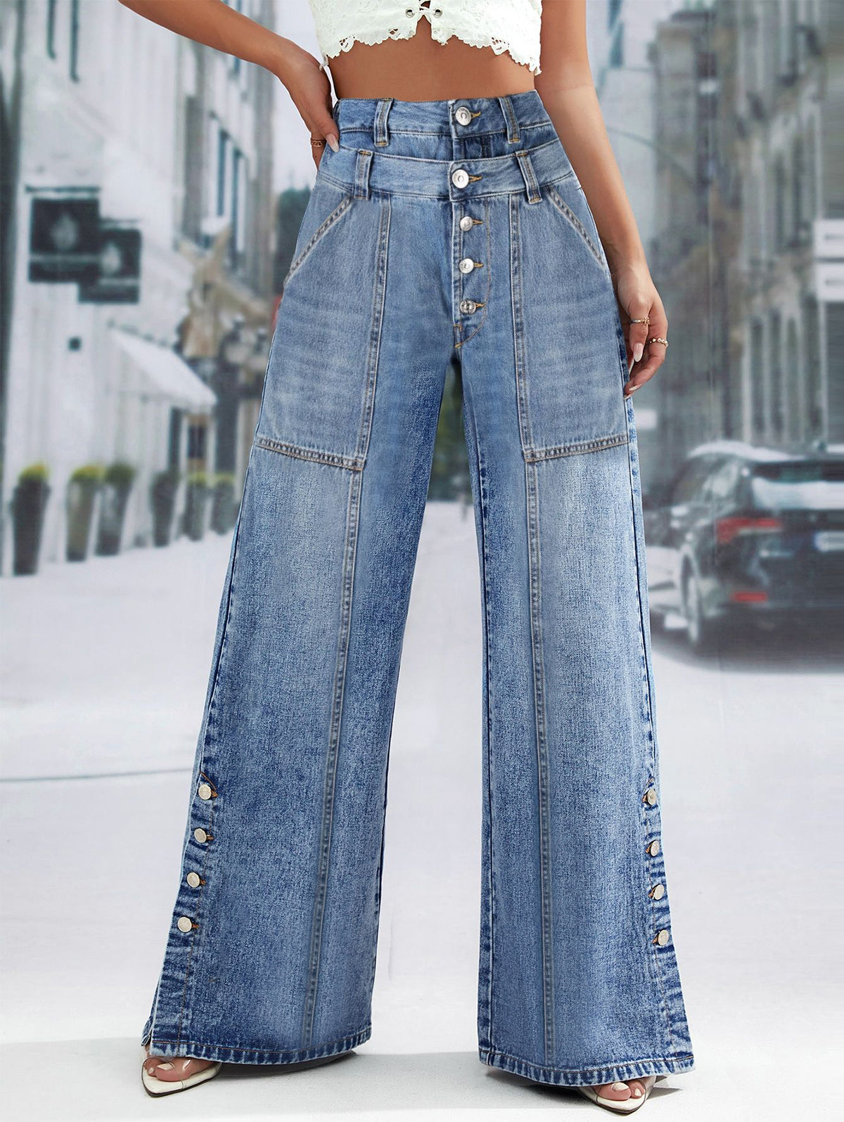 Women's UR Daily Spliced Button Denim Straight Wide Leg Jeans