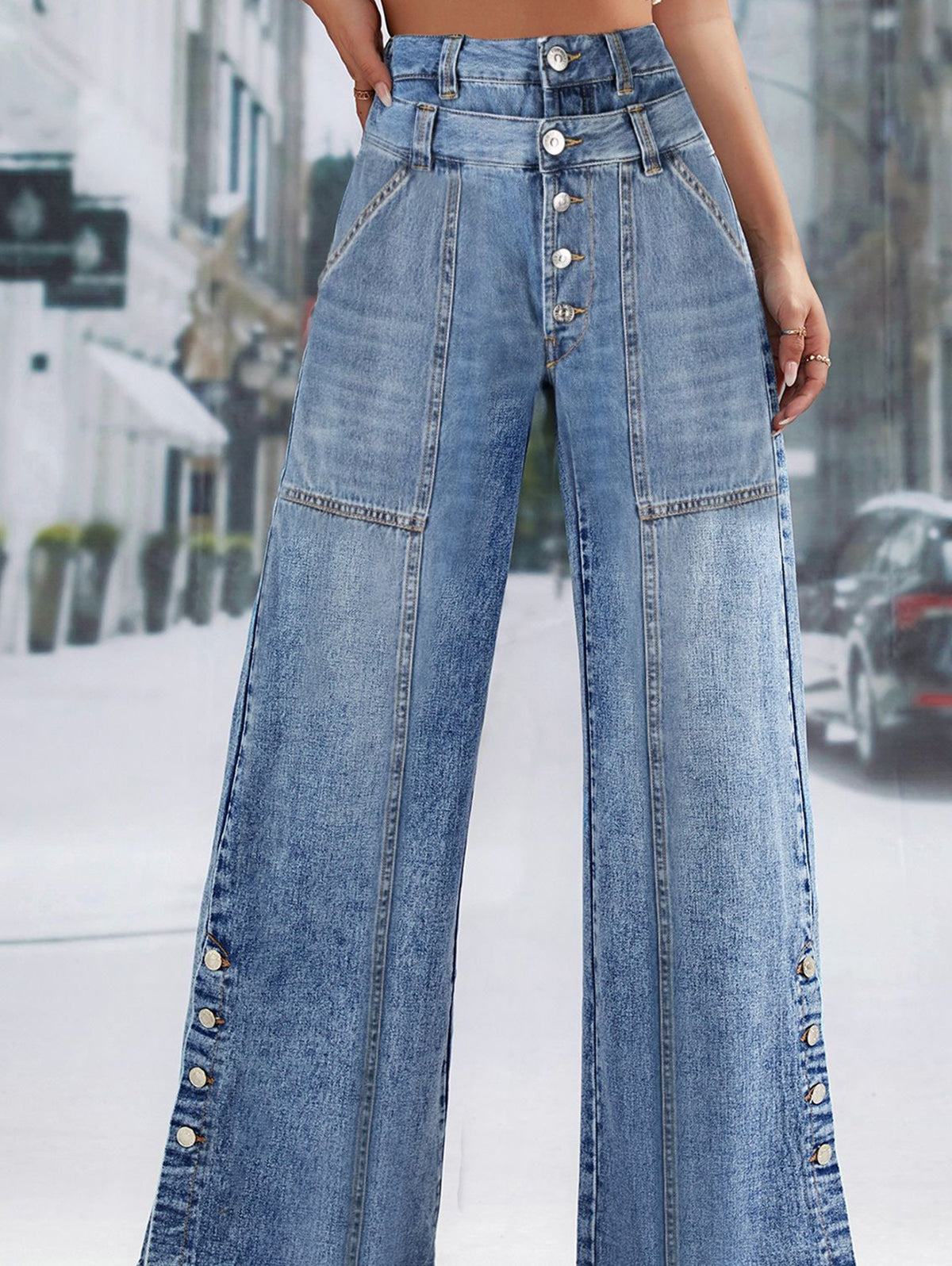 Women's UR Daily Spliced Button Denim Straight Wide Leg Jeans