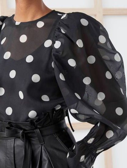 Women's Polka Dot Long Puff Sleeve Round Neck Vintage Top