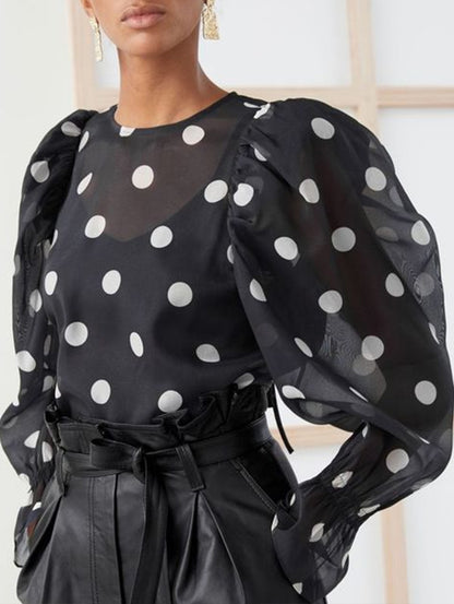 Women's Polka Dot Long Puff Sleeve Round Neck Vintage Top