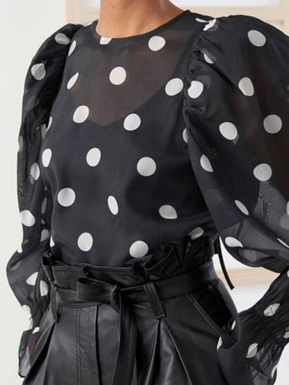 Women's Polka Dot Long Puff Sleeve Round Neck Vintage Top