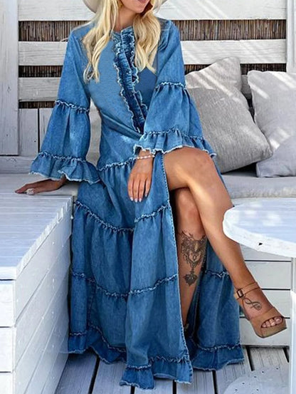 Women's Casual Denim Ruffle Split Tiered Maxi Dress