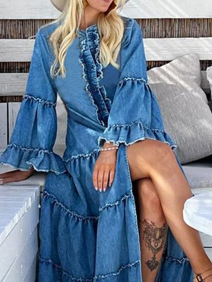 Women's Casual Denim Ruffle Split Tiered Maxi Dress