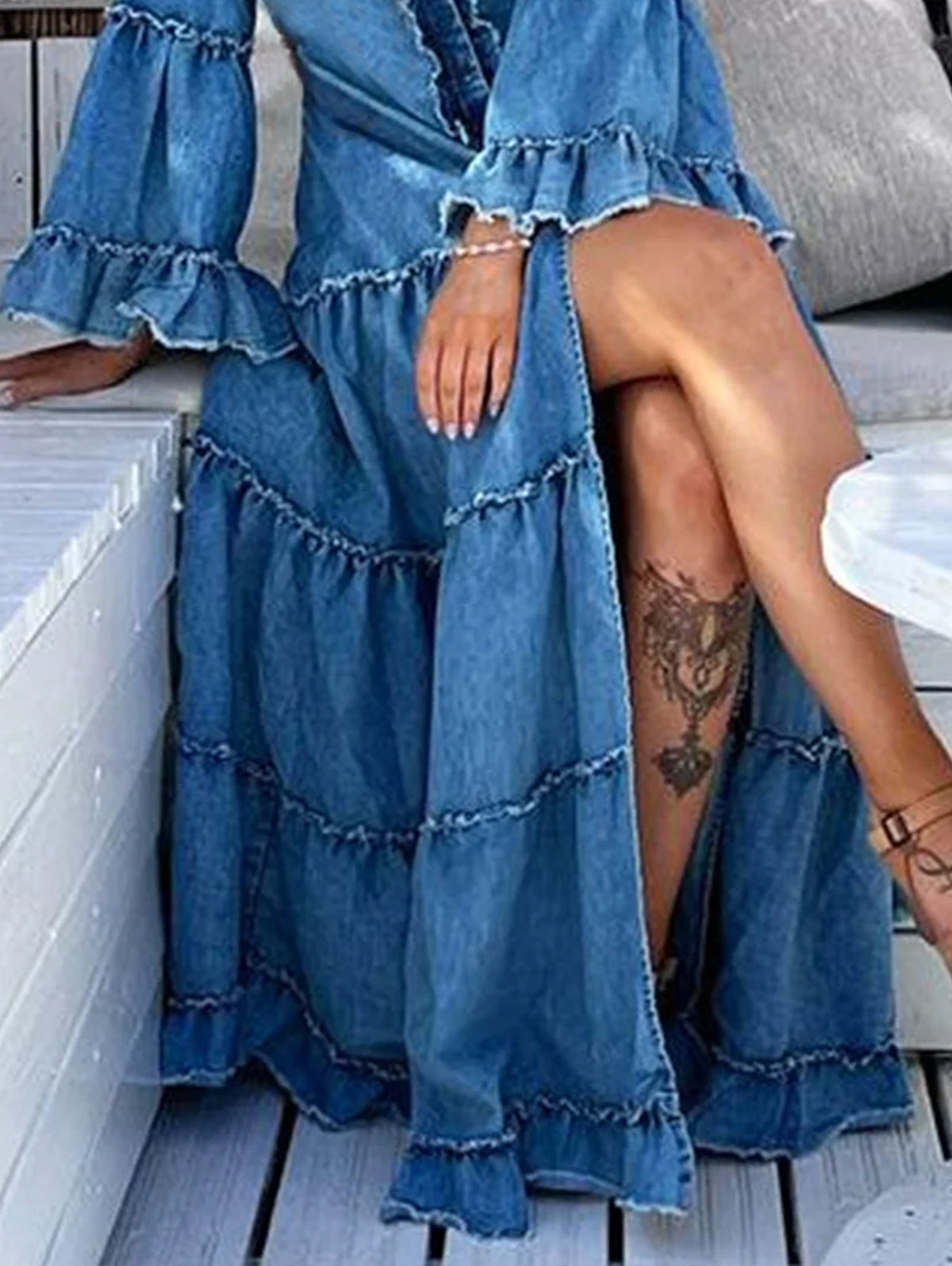 Women's Casual Denim Ruffle Split Tiered Maxi Dress