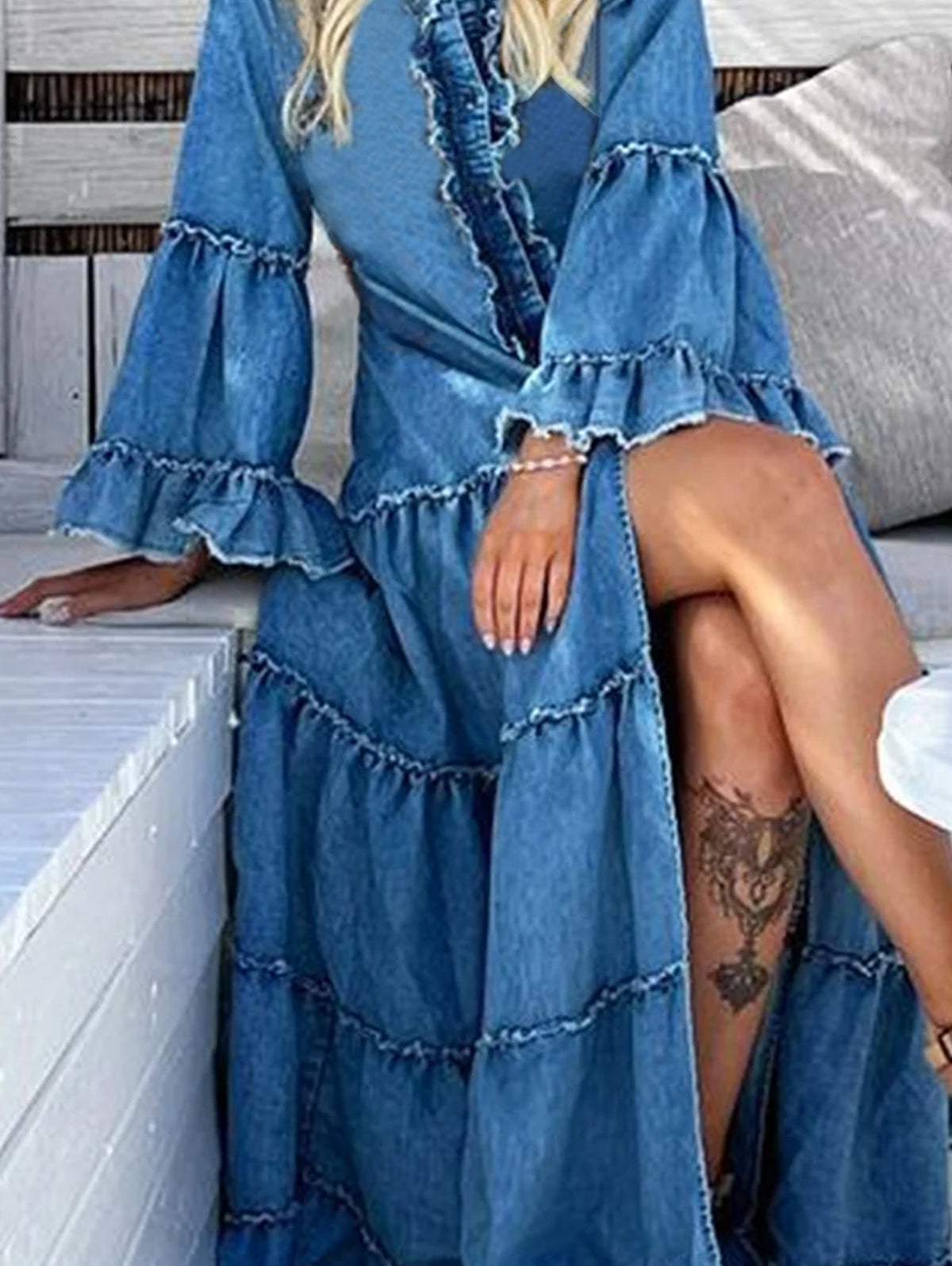 Women's Casual Denim Ruffle Split Tiered Maxi Dress