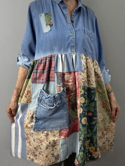 Women's Casual Boho Patchwork Turndown Collar Denim Midi Dress