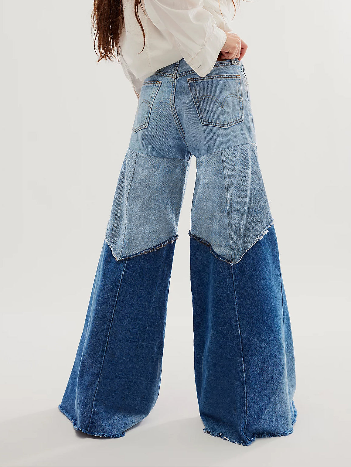 Women's Casual Denim Patchwork Colorblock Pocket Wide Leg Jeans