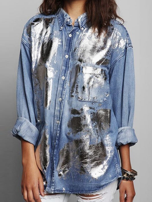 Women's Daily Metallic Coated Button Down Denim Pocket Shirt