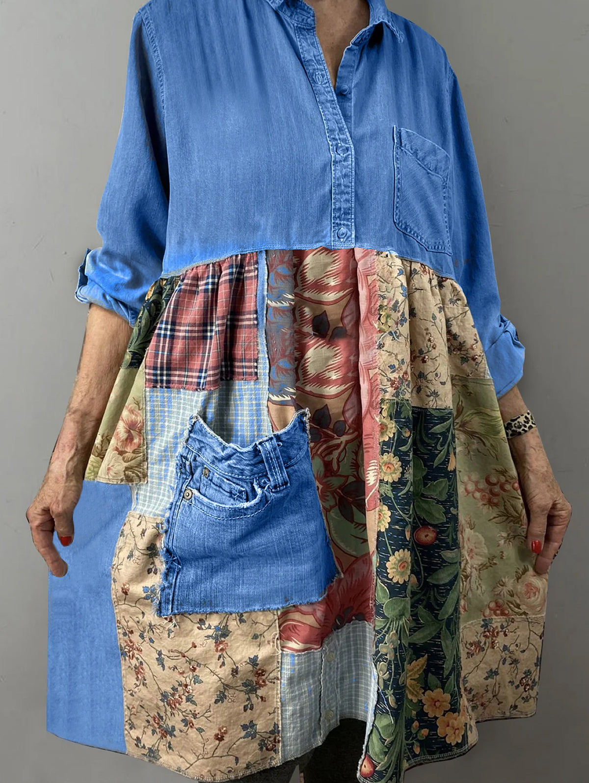 Women's Casual Boho Patchwork Turndown Collar Denim Midi Dress