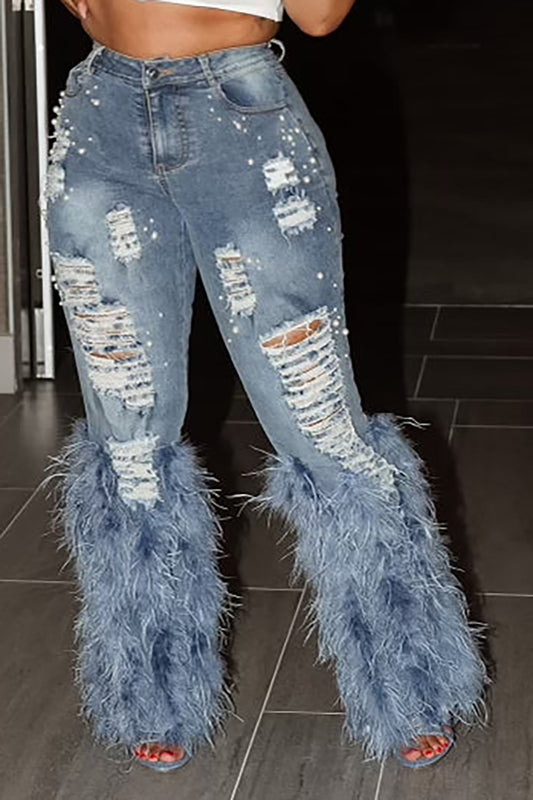 Women's Daily Jeans Blue Feather Denim Ripped Jeans