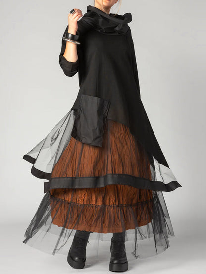 Cowl Neck Patchwork Mesh Tiered Long Sleeve Maxi Dress