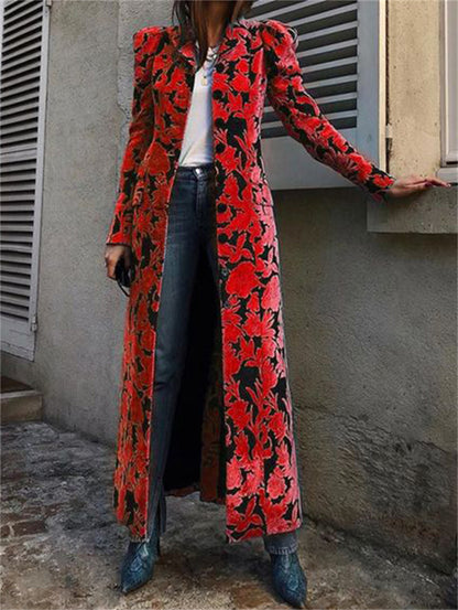 Fashionable Allover Floral Lapel Collar Velvet Trench Coat