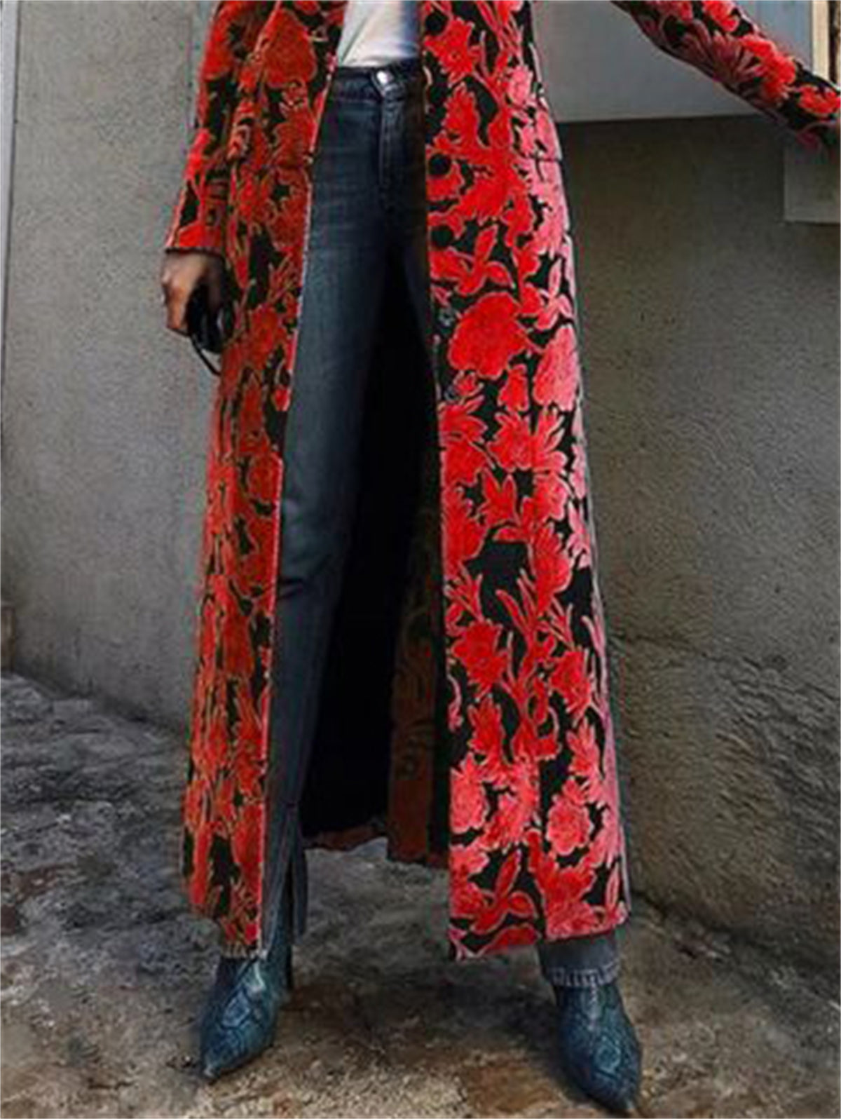 Fashionable Allover Floral Lapel Collar Velvet Trench Coat