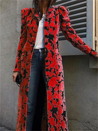 Fashionable Allover Floral Lapel Collar Velvet Trench Coat