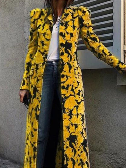 Fashionable Allover Floral Lapel Collar Velvet Trench Coat