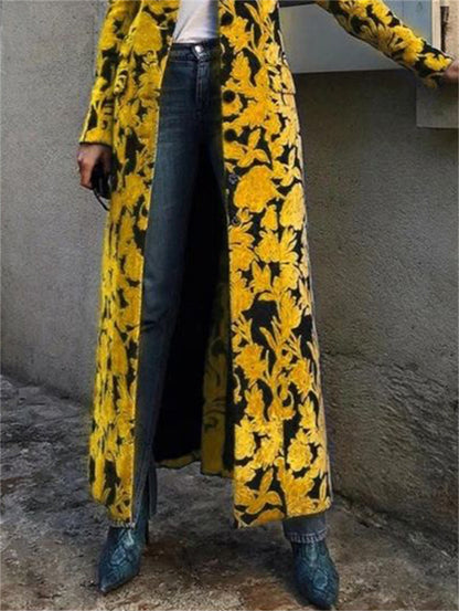 Fashionable Allover Floral Lapel Collar Velvet Trench Coat