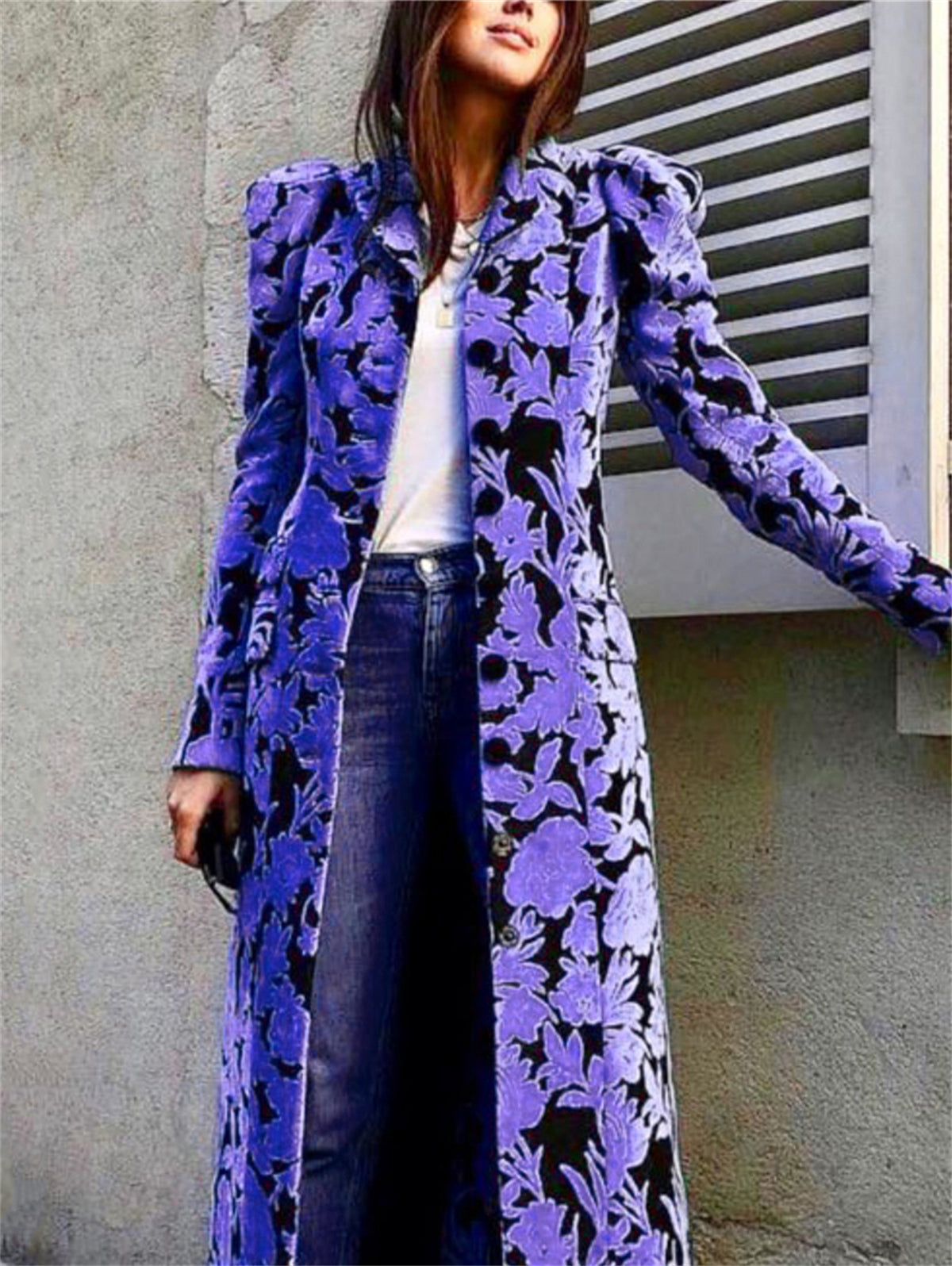 Fashionable Allover Floral Lapel Collar Velvet Trench Coat