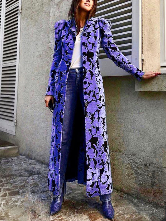 Fashionable Allover Floral Lapel Collar Velvet Trench Coat