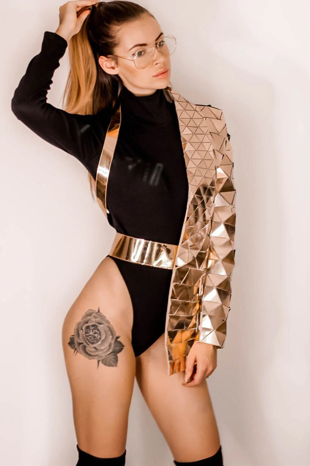 Women's One Sleeve Geometric Sequin Jacket-Gold (Without Bodysuit)