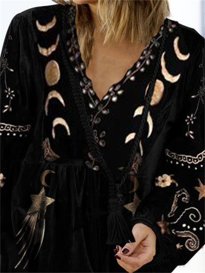 Ursime V Neck Long Sleeve Star Moon Pattern Velvet Blouse