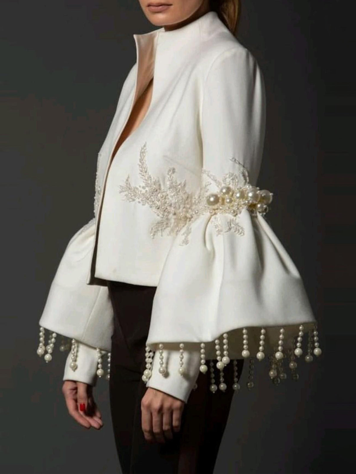 Women's Fashion Stand Collar Pearl Fringed Decor Embroidery Flare Sleeve Coat