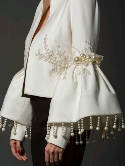 Women's Fashion Stand Collar Pearl Fringed Decor Embroidery Flare Sleeve Coat