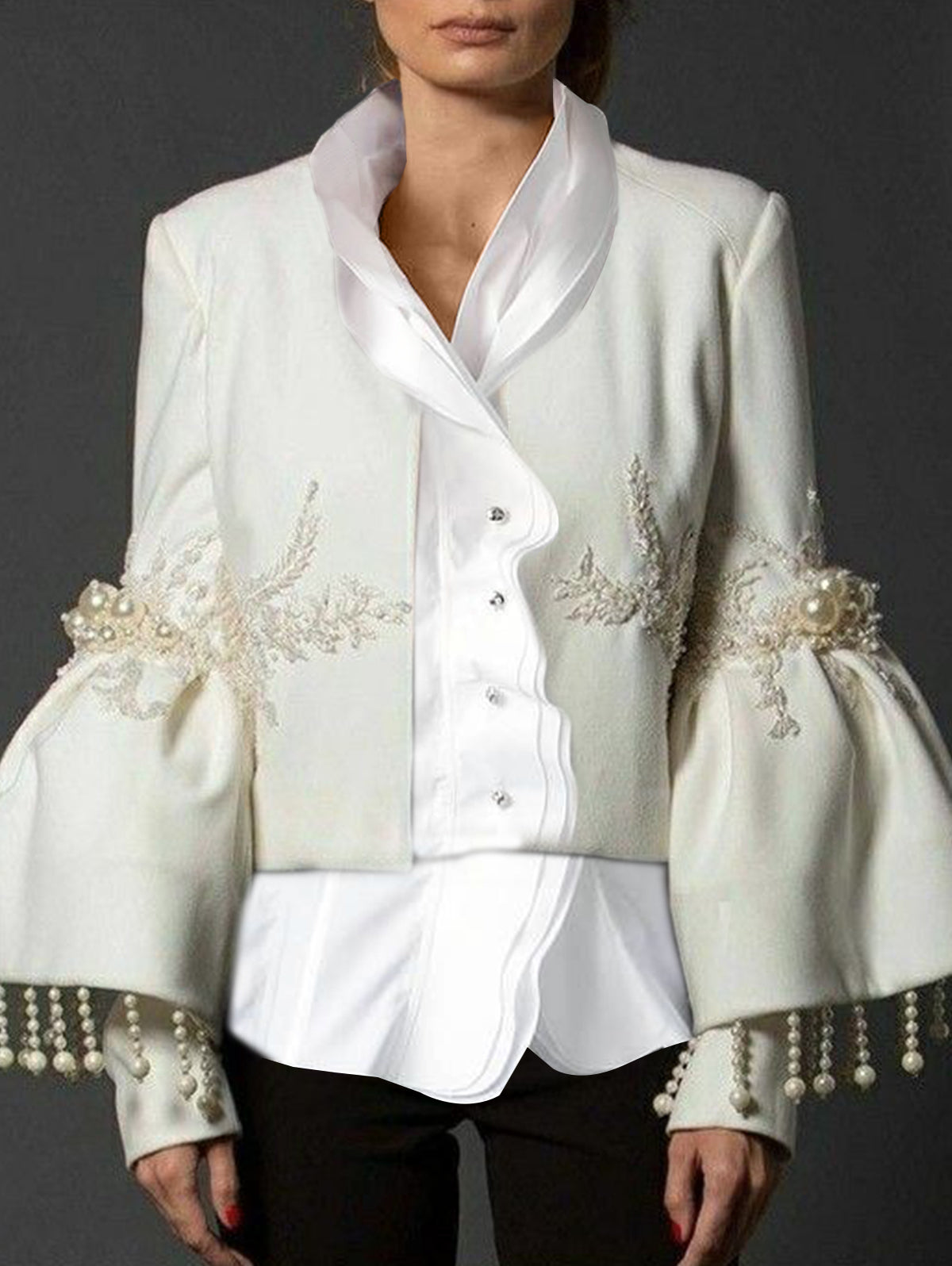 Women's Fashion Stand Collar Pearl Fringed Decor Embroidery Flare Sleeve Coat