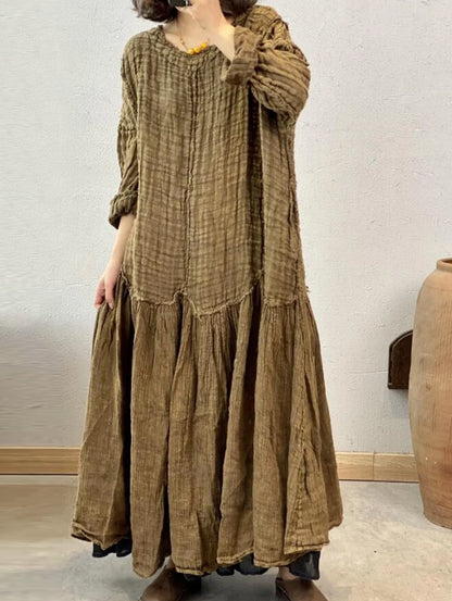 Daily Long Sleeve Folds Patchwork Raw Trim Loose-Fit Maxi Dress