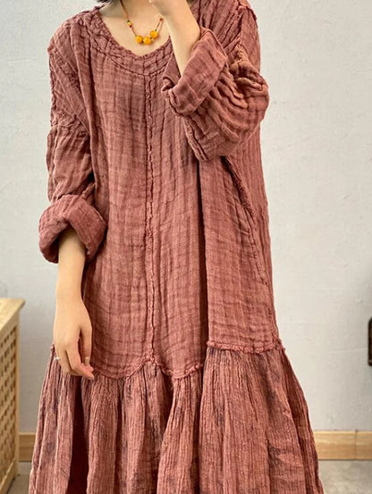 Daily Long Sleeve Folds Patchwork Raw Trim Loose-Fit Maxi Dress