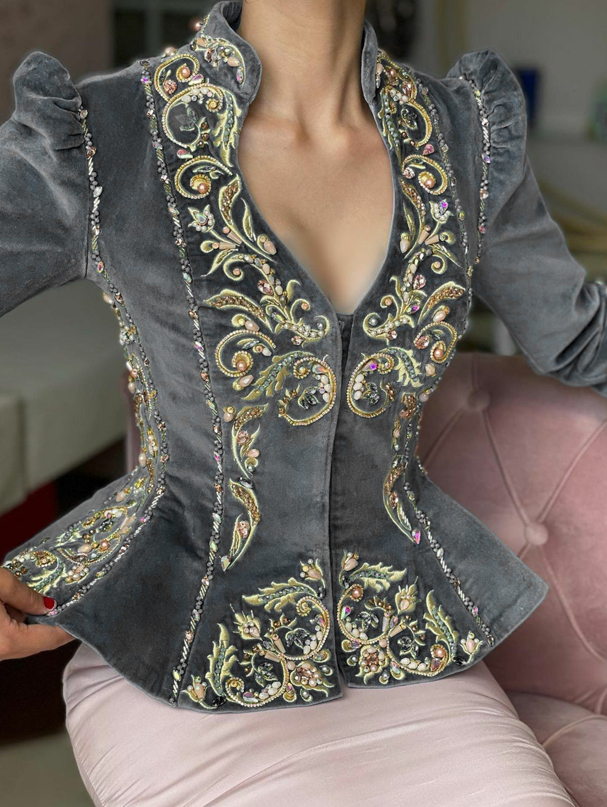 Elegant Floral Deep V Neck Peplum Long Sleeve Velvet Blouse